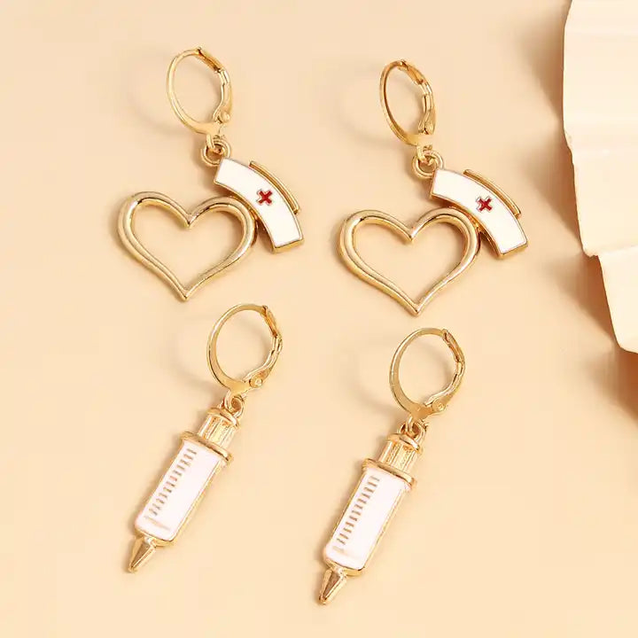 Healing Elegance: Nurse Cap and Syringe Earrings Set for Doctor Nurse