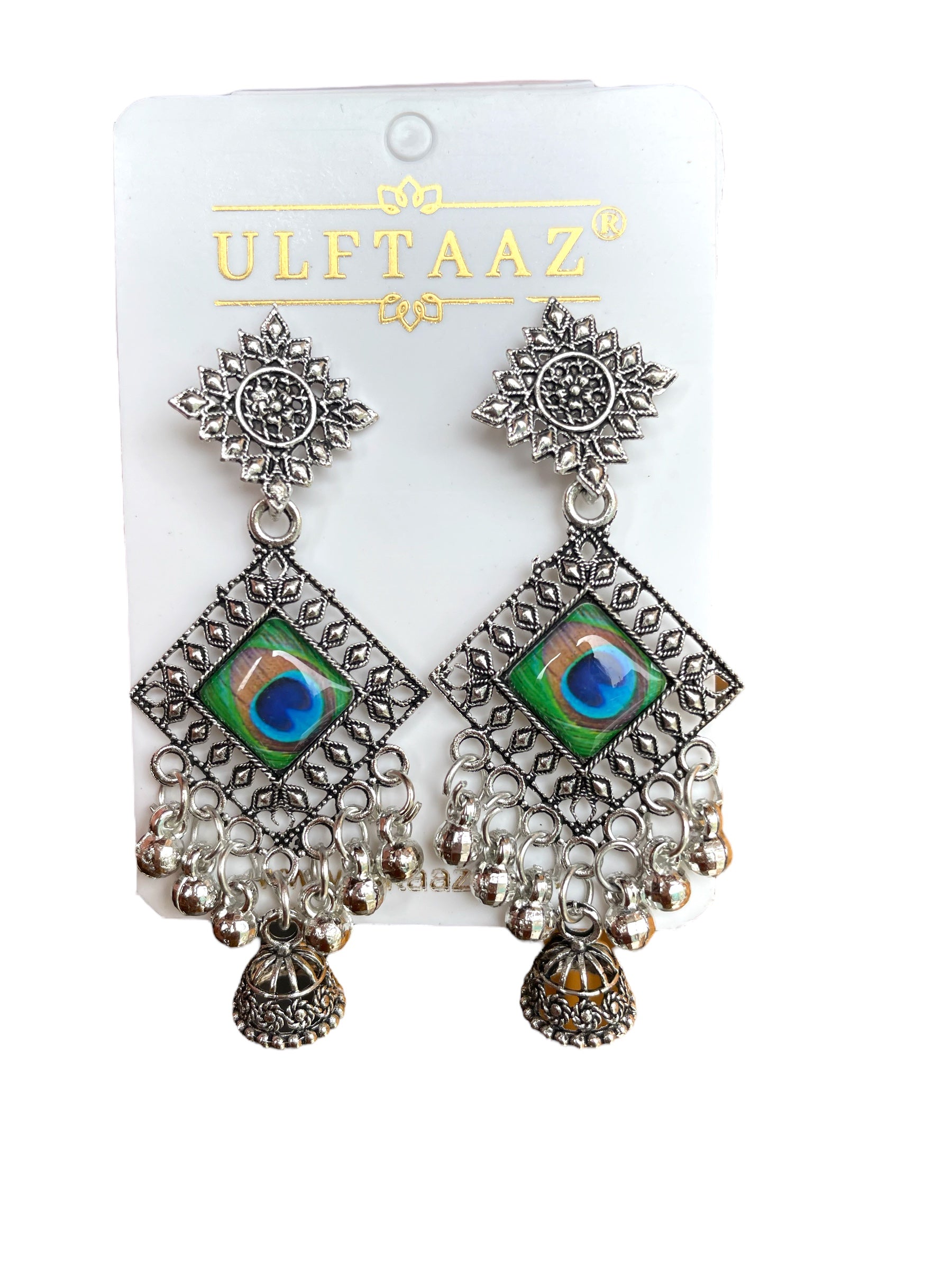 Oxidized Peacock Feather Print Earrings with Ghungroo Accents