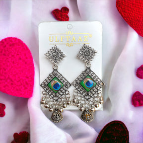 Oxidized Peacock Feather Print Earrings with Ghungroo Accents